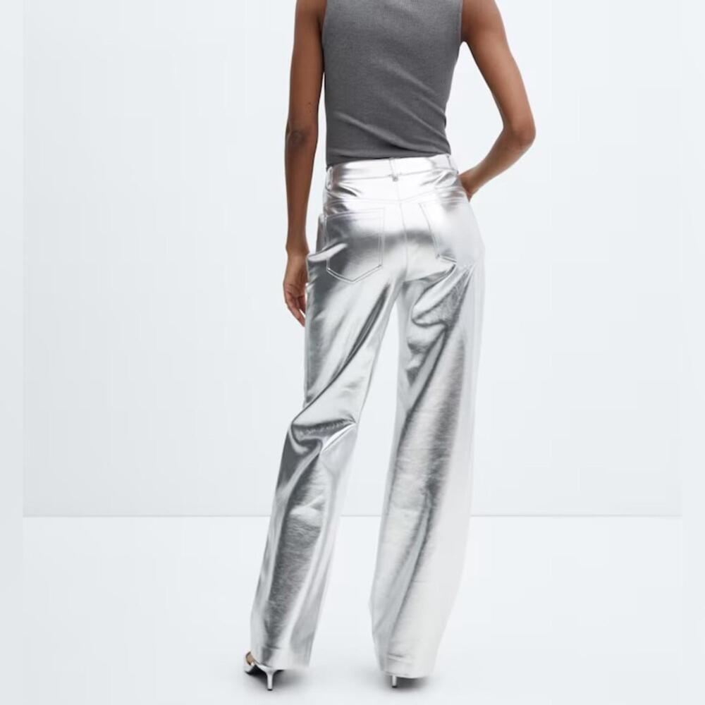NWT MNG by MANGO SZ 4 Rave Metallic Mid Rise Silver Faux Leather Wide Leg Pants - Picture 2 of 7